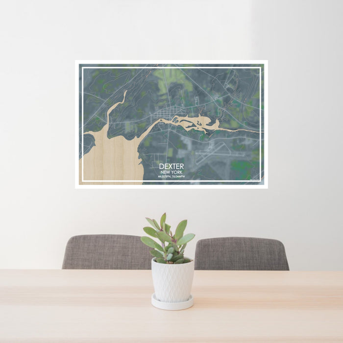 24x36 Dexter New York Map Print Lanscape Orientation in Afternoon Style Behind 2 Chairs Table and Potted Plant
