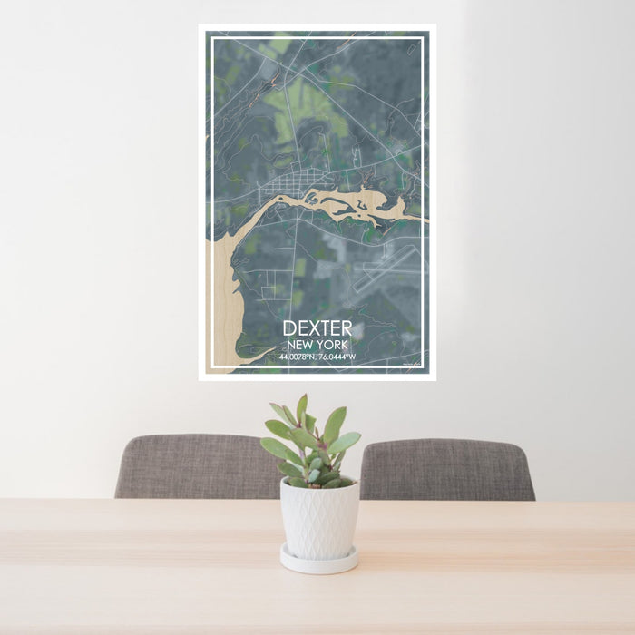 24x36 Dexter New York Map Print Portrait Orientation in Afternoon Style Behind 2 Chairs Table and Potted Plant