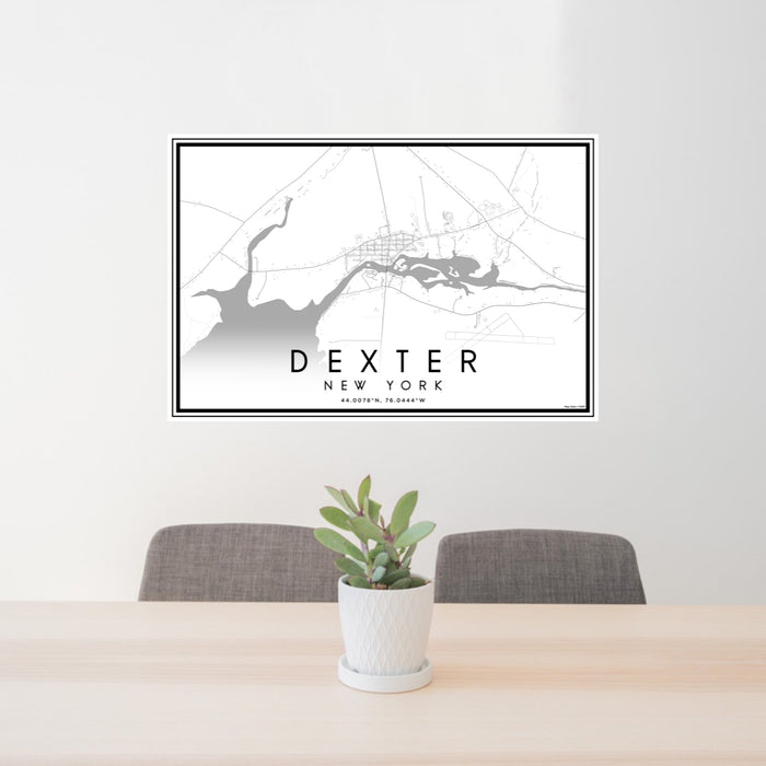24x36 Dexter New York Map Print Lanscape Orientation in Classic Style Behind 2 Chairs Table and Potted Plant