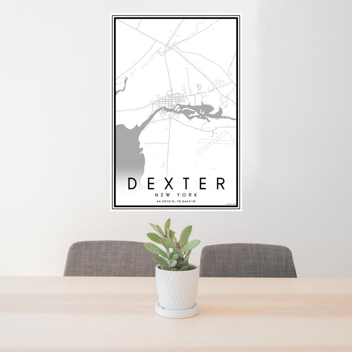24x36 Dexter New York Map Print Portrait Orientation in Classic Style Behind 2 Chairs Table and Potted Plant