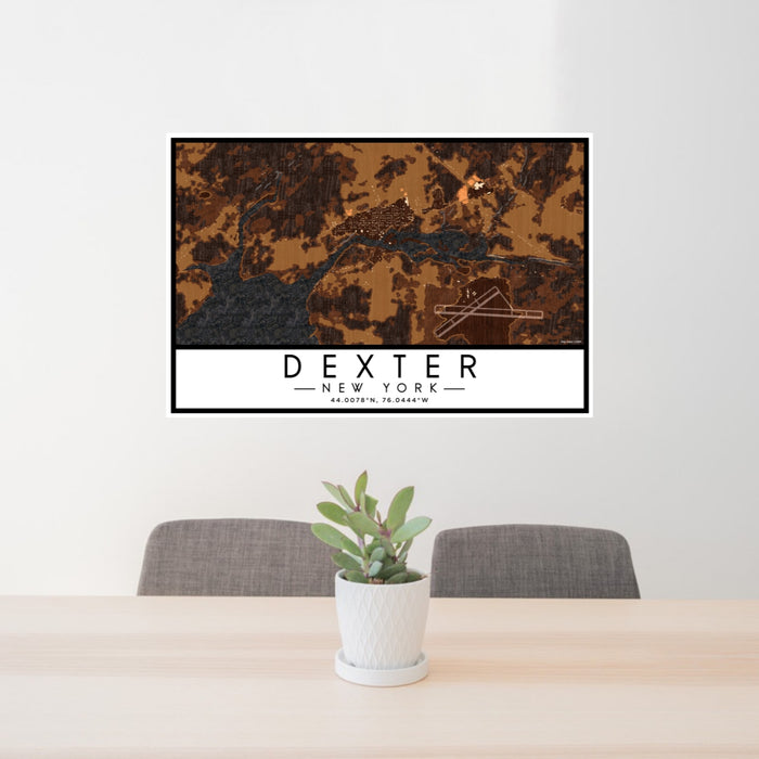 24x36 Dexter New York Map Print Lanscape Orientation in Ember Style Behind 2 Chairs Table and Potted Plant