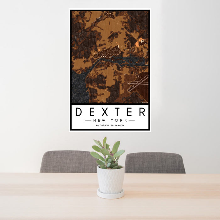 24x36 Dexter New York Map Print Portrait Orientation in Ember Style Behind 2 Chairs Table and Potted Plant