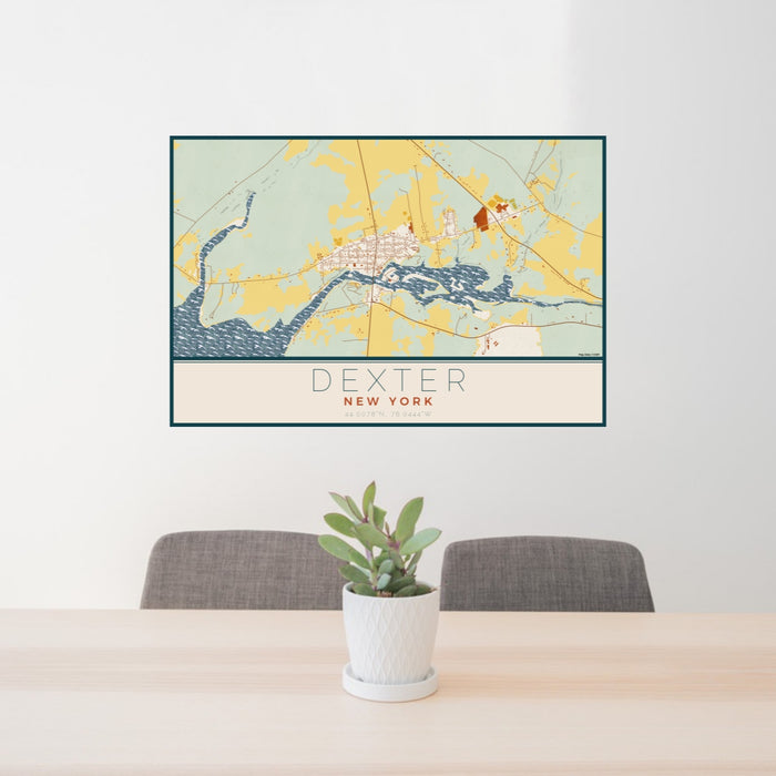 24x36 Dexter New York Map Print Lanscape Orientation in Woodblock Style Behind 2 Chairs Table and Potted Plant