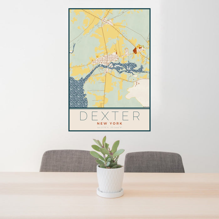 24x36 Dexter New York Map Print Portrait Orientation in Woodblock Style Behind 2 Chairs Table and Potted Plant