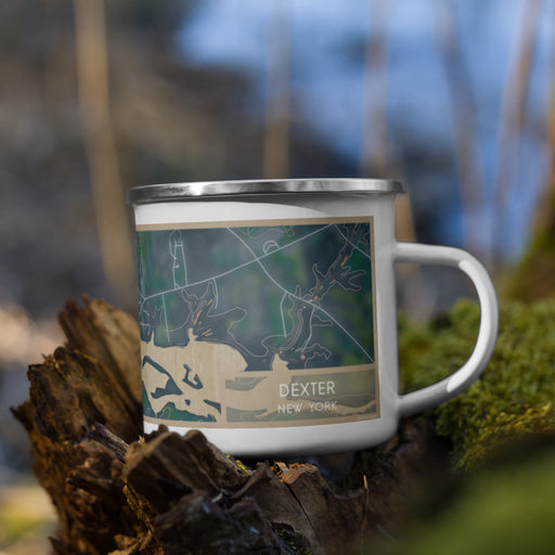Right View Custom Dexter New York Map Enamel Mug in Afternoon on Grass With Trees in Background
