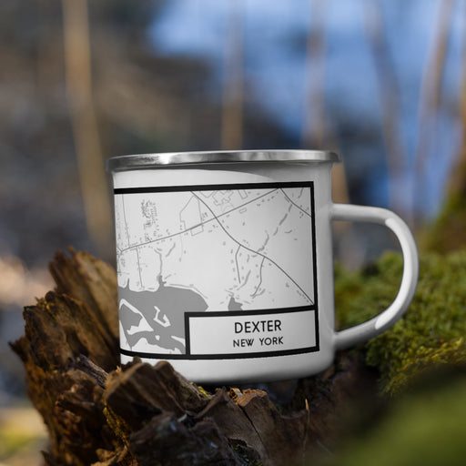 Right View Custom Dexter New York Map Enamel Mug in Classic on Grass With Trees in Background