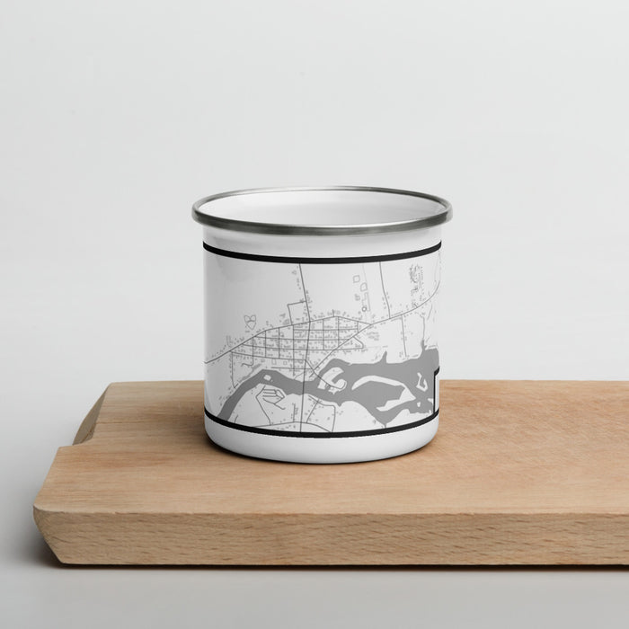 Front View Custom Dexter New York Map Enamel Mug in Classic on Cutting Board
