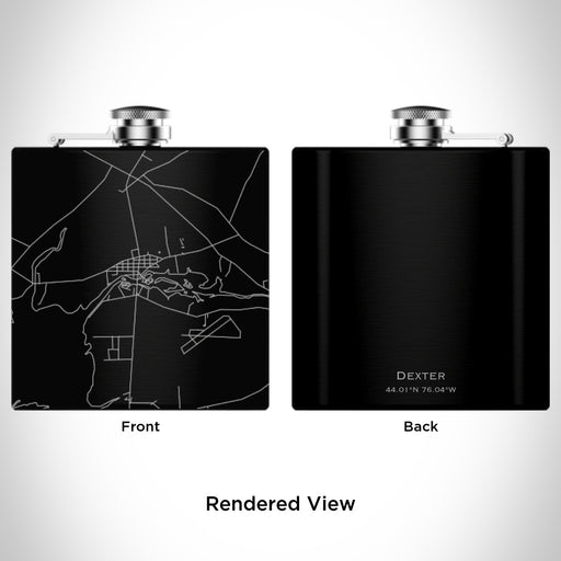 Rendered View of Dexter New York Map Engraving on 6oz Stainless Steel Flask in Black
