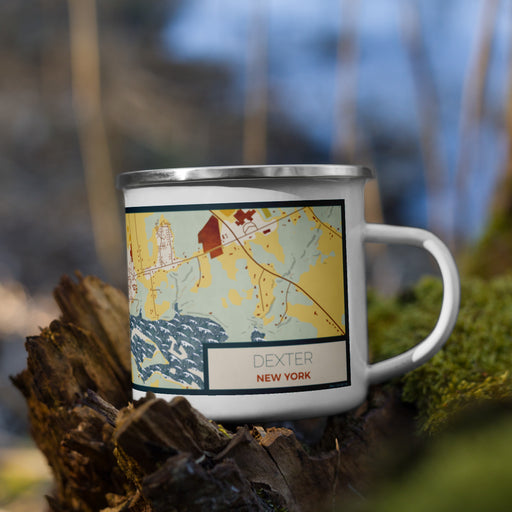 Right View Custom Dexter New York Map Enamel Mug in Woodblock on Grass With Trees in Background