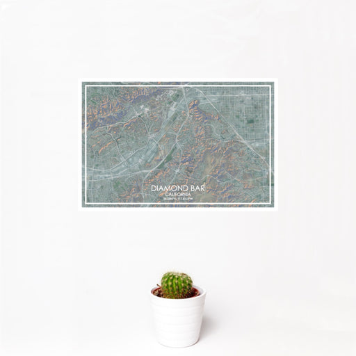 12x18 Diamond Bar California Map Print Landscape Orientation in Afternoon Style With Small Cactus Plant in White Planter