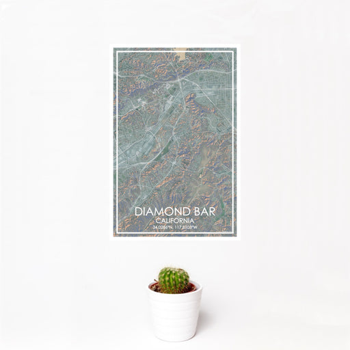 12x18 Diamond Bar California Map Print Portrait Orientation in Afternoon Style With Small Cactus Plant in White Planter