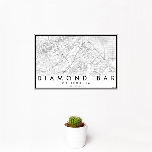 12x18 Diamond Bar California Map Print Landscape Orientation in Classic Style With Small Cactus Plant in White Planter