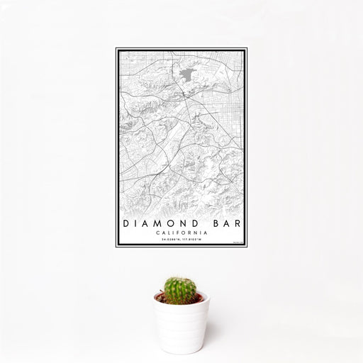 12x18 Diamond Bar California Map Print Portrait Orientation in Classic Style With Small Cactus Plant in White Planter