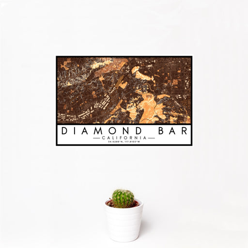 12x18 Diamond Bar California Map Print Landscape Orientation in Ember Style With Small Cactus Plant in White Planter