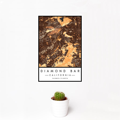12x18 Diamond Bar California Map Print Portrait Orientation in Ember Style With Small Cactus Plant in White Planter