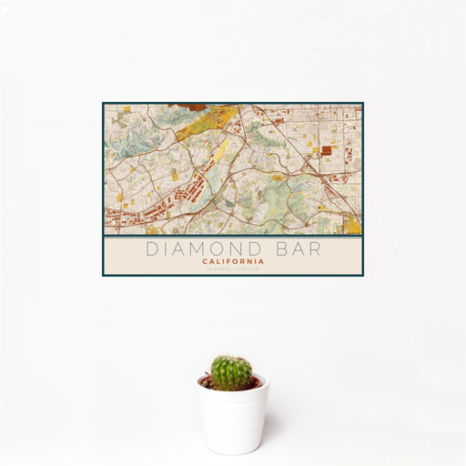 12x18 Diamond Bar California Map Print Landscape Orientation in Woodblock Style With Small Cactus Plant in White Planter