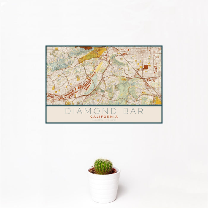 12x18 Diamond Bar California Map Print Landscape Orientation in Woodblock Style With Small Cactus Plant in White Planter