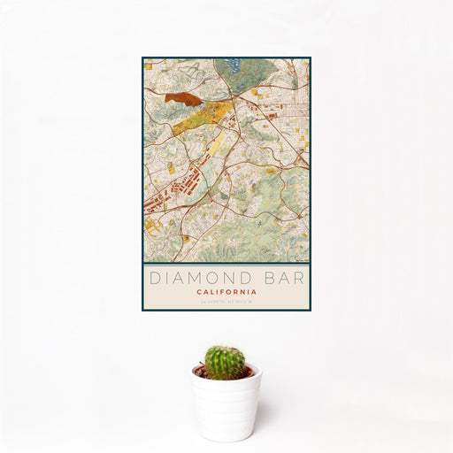 12x18 Diamond Bar California Map Print Portrait Orientation in Woodblock Style With Small Cactus Plant in White Planter
