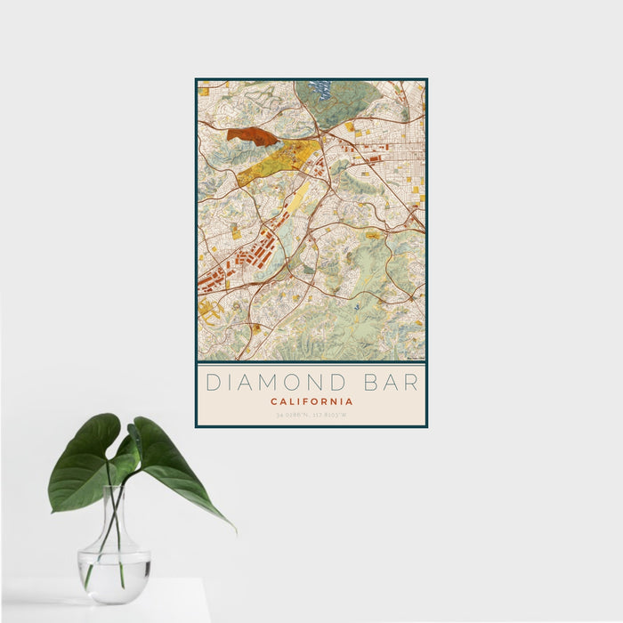16x24 Diamond Bar California Map Print Portrait Orientation in Woodblock Style With Tropical Plant Leaves in Water