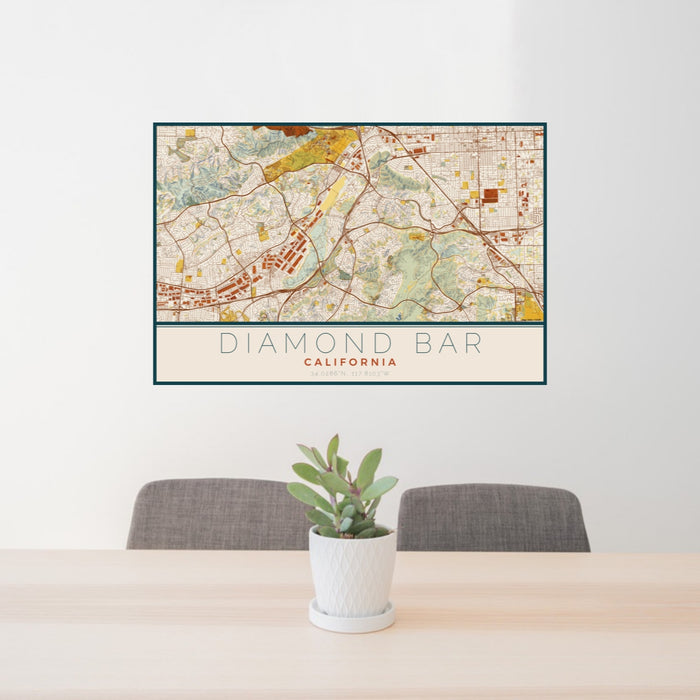 24x36 Diamond Bar California Map Print Lanscape Orientation in Woodblock Style Behind 2 Chairs Table and Potted Plant