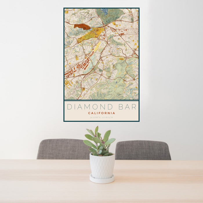 24x36 Diamond Bar California Map Print Portrait Orientation in Woodblock Style Behind 2 Chairs Table and Potted Plant