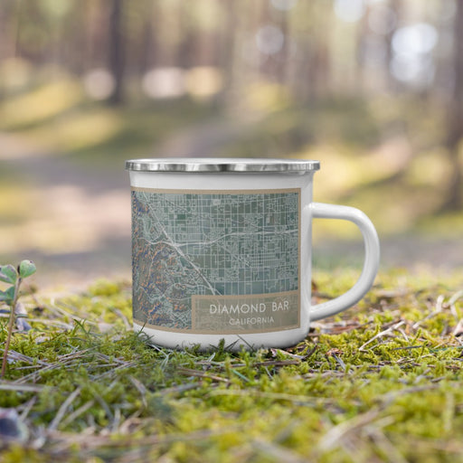 Right View Custom Diamond Bar California Map Enamel Mug in Afternoon on Grass With Trees in Background