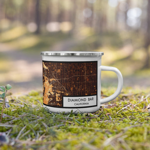 Right View Custom Diamond Bar California Map Enamel Mug in Ember on Grass With Trees in Background