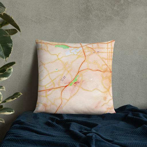 Custom Diamond Bar California Map Throw Pillow in Watercolor on Bedding Against Wall