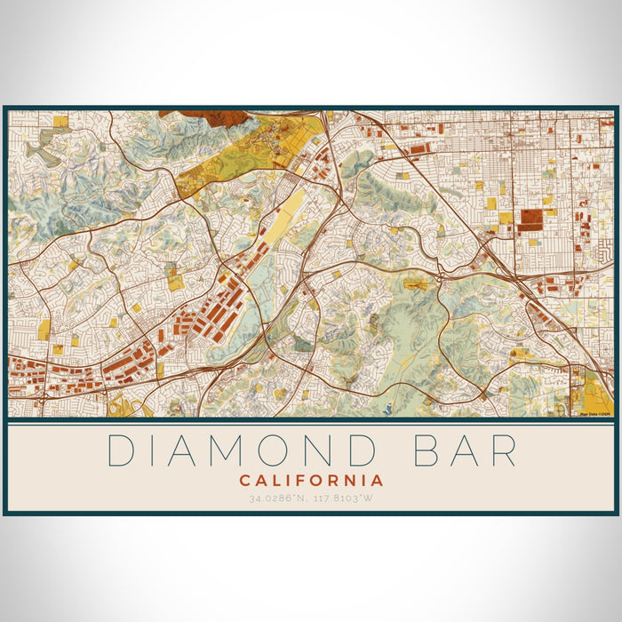 Diamond Bar California Map Print Landscape Orientation in Woodblock Style With Shaded Background