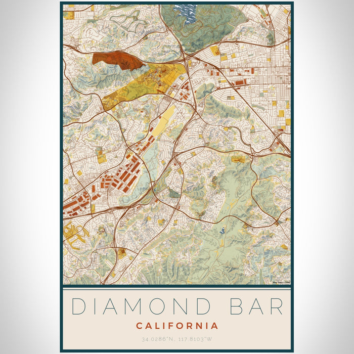 Diamond Bar California Map Print Portrait Orientation in Woodblock Style With Shaded Background