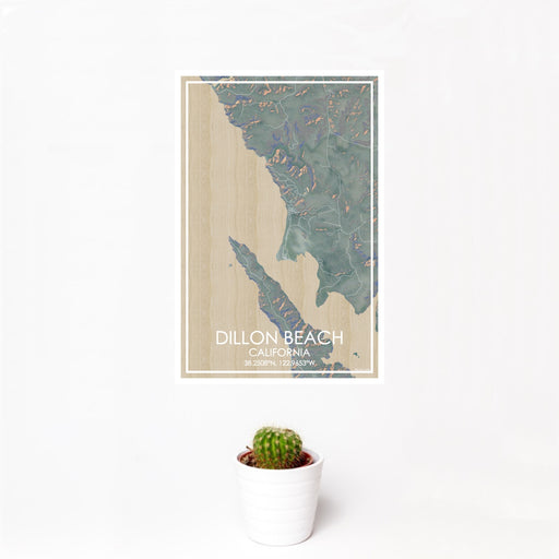 12x18 Dillon Beach California Map Print Portrait Orientation in Afternoon Style With Small Cactus Plant in White Planter