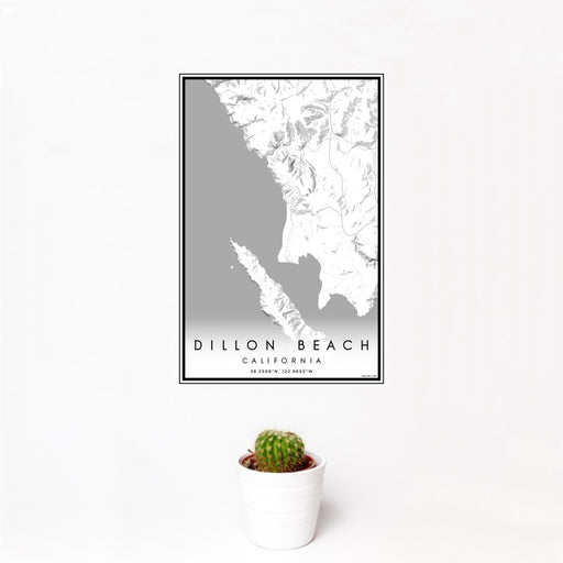 12x18 Dillon Beach California Map Print Portrait Orientation in Classic Style With Small Cactus Plant in White Planter