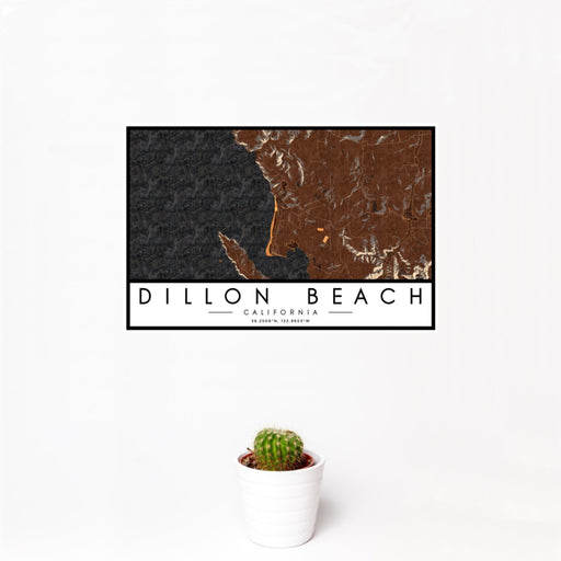 12x18 Dillon Beach California Map Print Landscape Orientation in Ember Style With Small Cactus Plant in White Planter