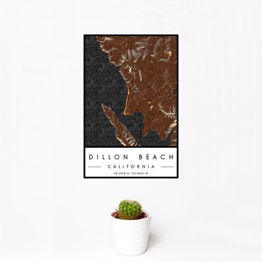 12x18 Dillon Beach California Map Print Portrait Orientation in Ember Style With Small Cactus Plant in White Planter