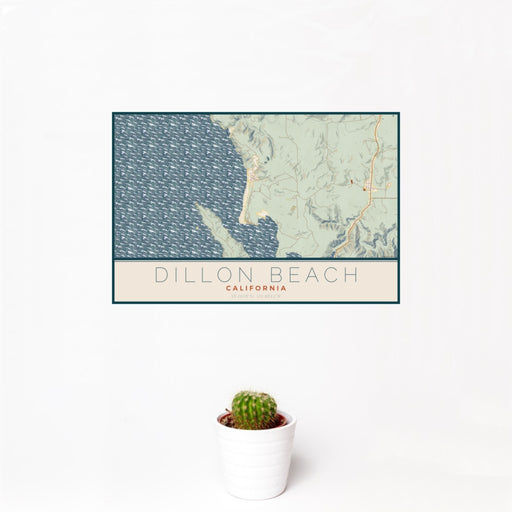 12x18 Dillon Beach California Map Print Landscape Orientation in Woodblock Style With Small Cactus Plant in White Planter