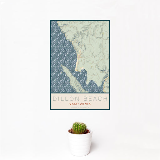 12x18 Dillon Beach California Map Print Portrait Orientation in Woodblock Style With Small Cactus Plant in White Planter