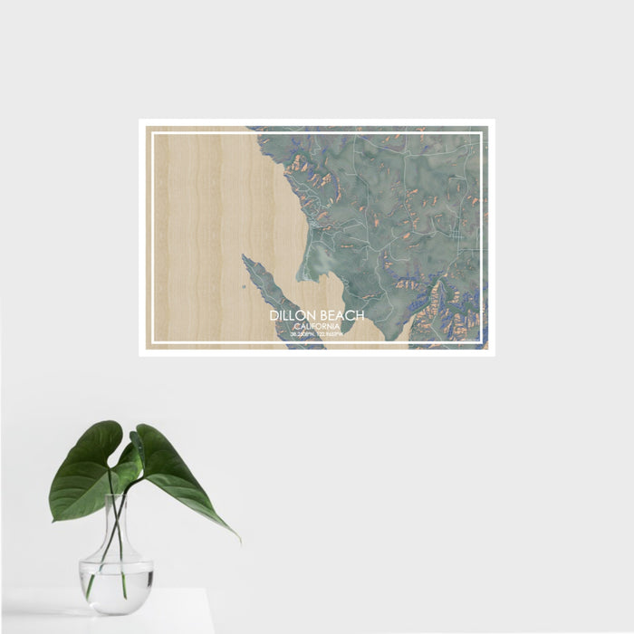 16x24 Dillon Beach California Map Print Landscape Orientation in Afternoon Style With Tropical Plant Leaves in Water
