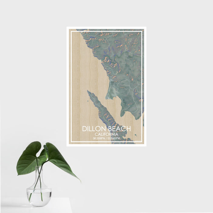 16x24 Dillon Beach California Map Print Portrait Orientation in Afternoon Style With Tropical Plant Leaves in Water