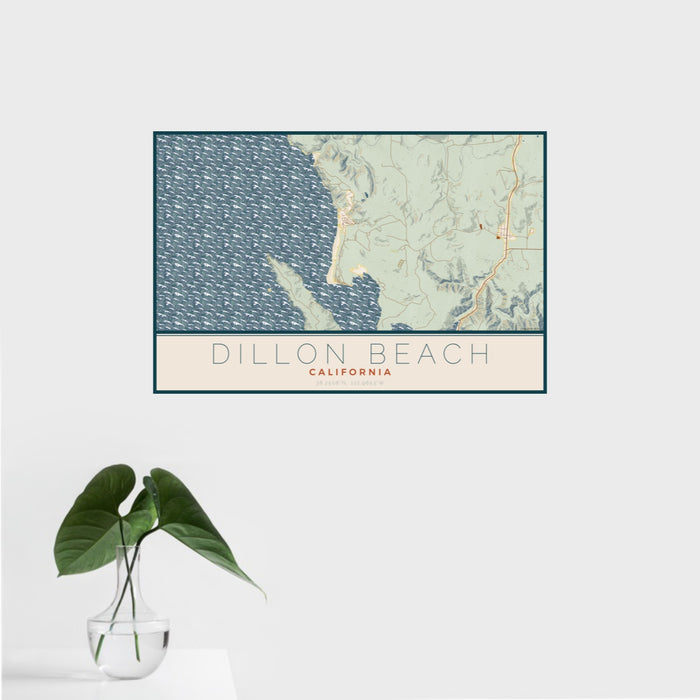 16x24 Dillon Beach California Map Print Landscape Orientation in Woodblock Style With Tropical Plant Leaves in Water
