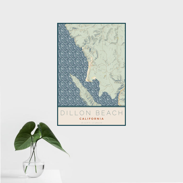 16x24 Dillon Beach California Map Print Portrait Orientation in Woodblock Style With Tropical Plant Leaves in Water