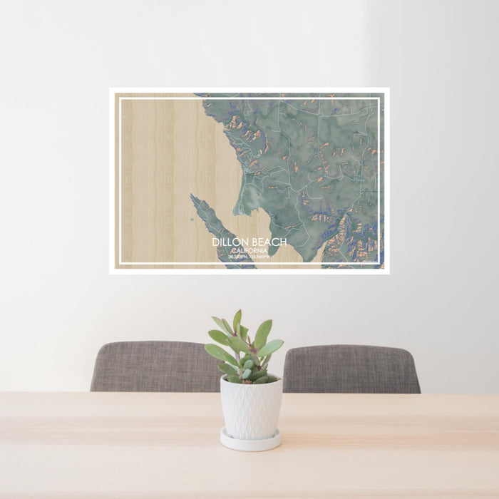 24x36 Dillon Beach California Map Print Lanscape Orientation in Afternoon Style Behind 2 Chairs Table and Potted Plant