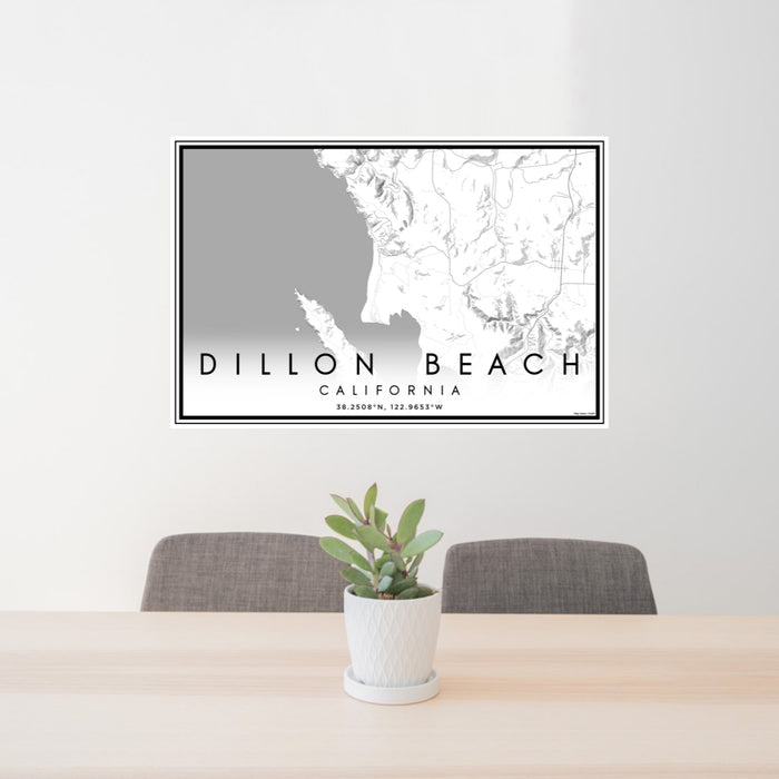 24x36 Dillon Beach California Map Print Lanscape Orientation in Classic Style Behind 2 Chairs Table and Potted Plant