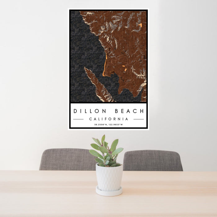 24x36 Dillon Beach California Map Print Portrait Orientation in Ember Style Behind 2 Chairs Table and Potted Plant