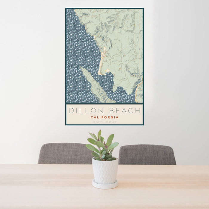 24x36 Dillon Beach California Map Print Portrait Orientation in Woodblock Style Behind 2 Chairs Table and Potted Plant