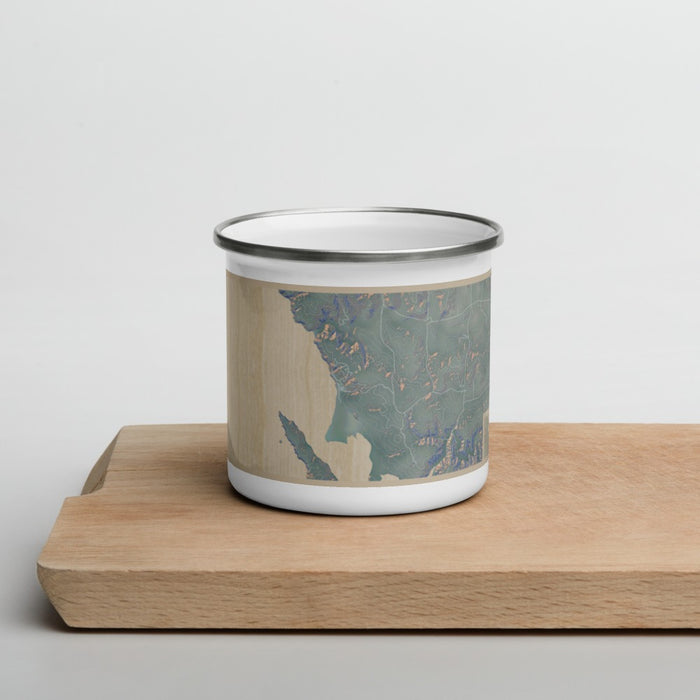 Front View Custom Dillon Beach California Map Enamel Mug in Afternoon on Cutting Board
