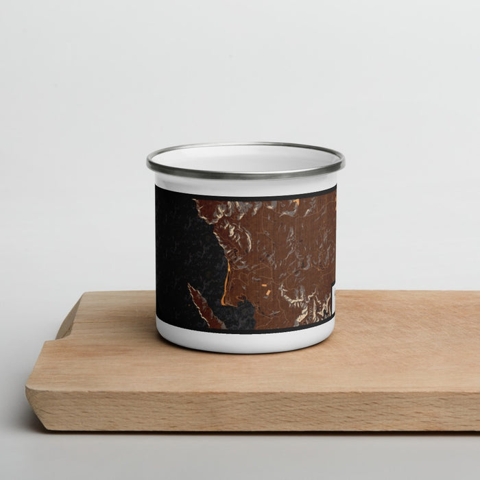 Front View Custom Dillon Beach California Map Enamel Mug in Ember on Cutting Board
