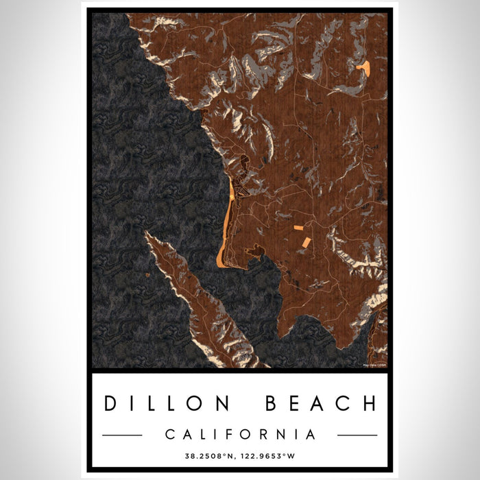 Dillon Beach California Map Print Portrait Orientation in Ember Style With Shaded Background