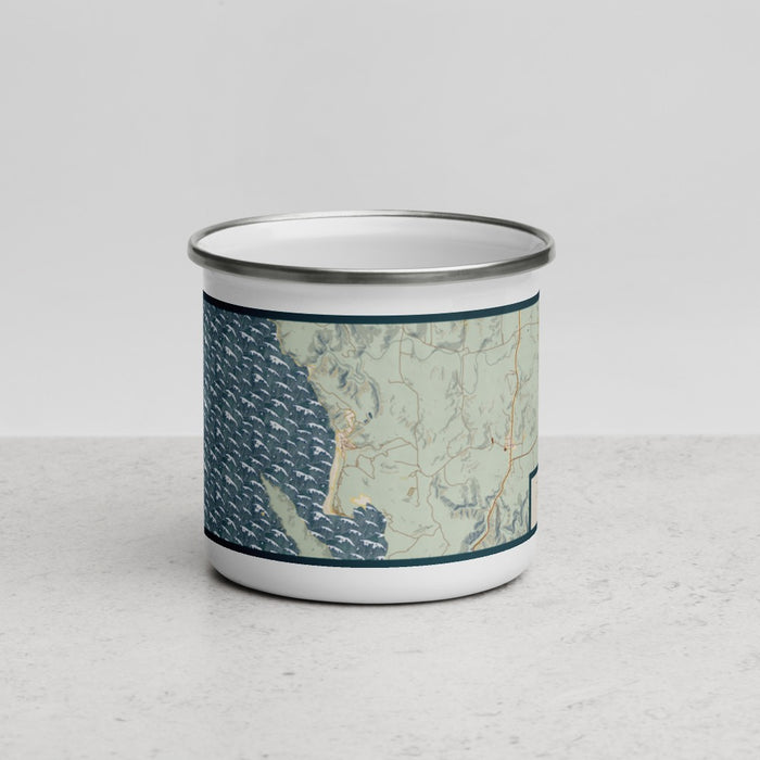 Front View Custom Dillon Beach California Map Enamel Mug in Woodblock