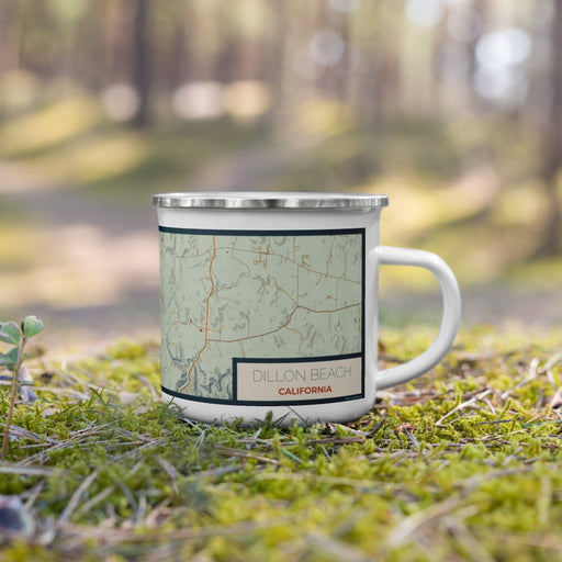 Right View Custom Dillon Beach California Map Enamel Mug in Woodblock on Grass With Trees in Background