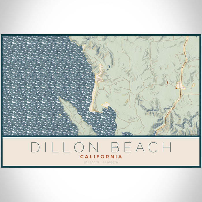Dillon Beach California Map Print Landscape Orientation in Woodblock Style With Shaded Background